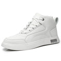 Men's white mid-top board shoes with round toe and flat rubber sole on grey background