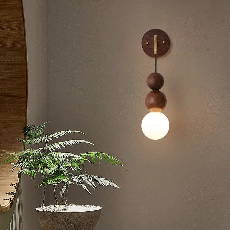 Wood copper wall lamp with circular 10cm diameter and tricolour lighting on suspension wire