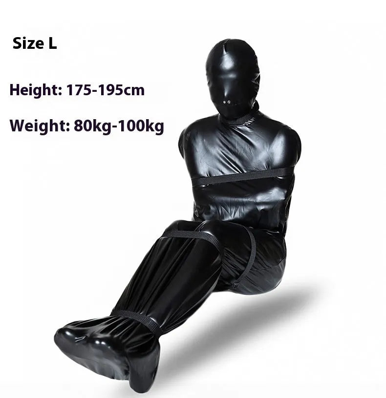 Black patent leather bondage restraint kit with body wrap and six ratchet tie down straps
