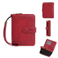 Women's black PU leather zip coin purse lying open showing card slots and a coin compartment.