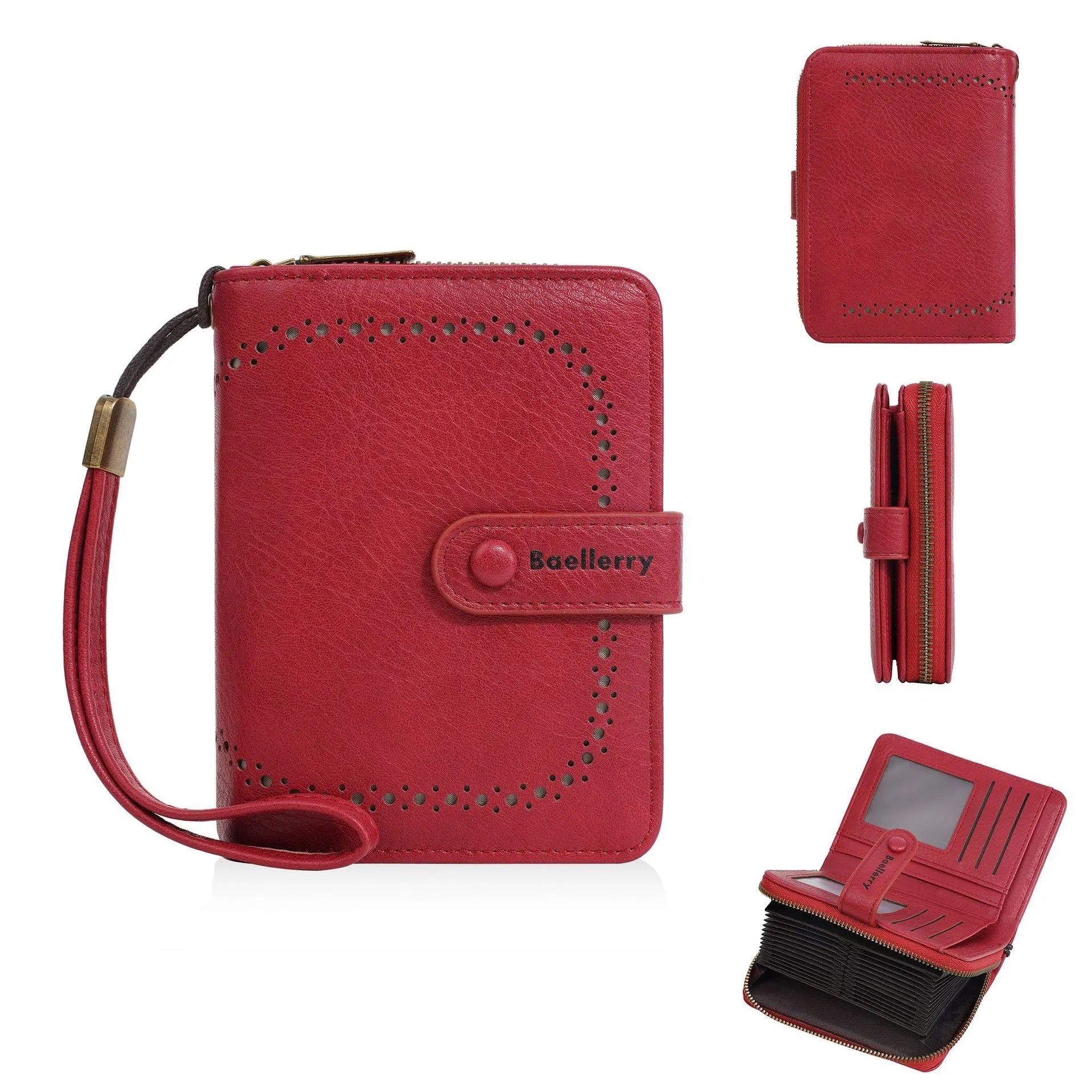 Women's black PU leather zip coin purse lying open showing card slots and a coin compartment.