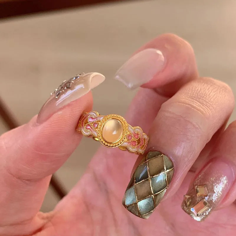Pink crystal enamel open ring for women with geometric shape on copper gold plating