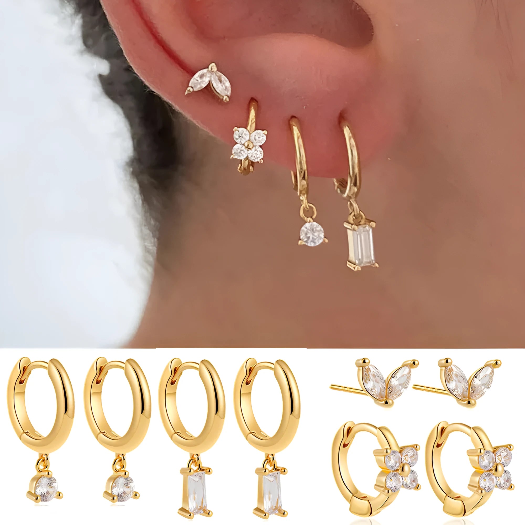 Copper geometric square earrings with zircon accents in gold or silver electroplated finishes