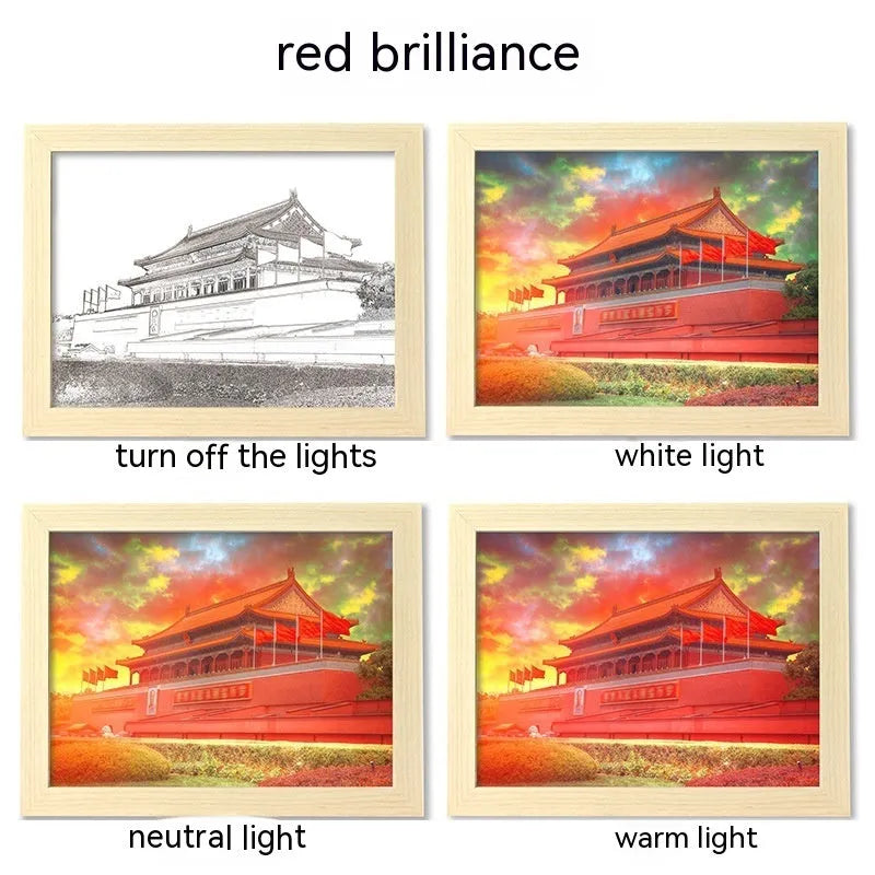 LED illuminated picture frame night lamp showing landscape design with USB cable connection