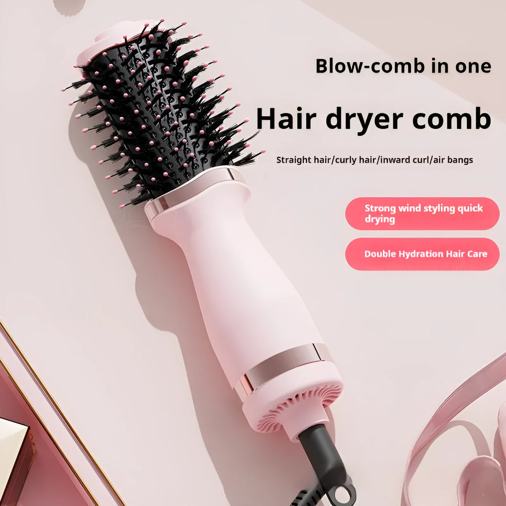 Pink multifunctional hair dryer with integrated comb and curling attachments for drying and styling hair