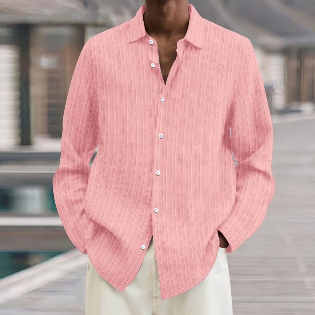 Men's striped cardigan shirt with long sleeves in loose fit British style for summer wear