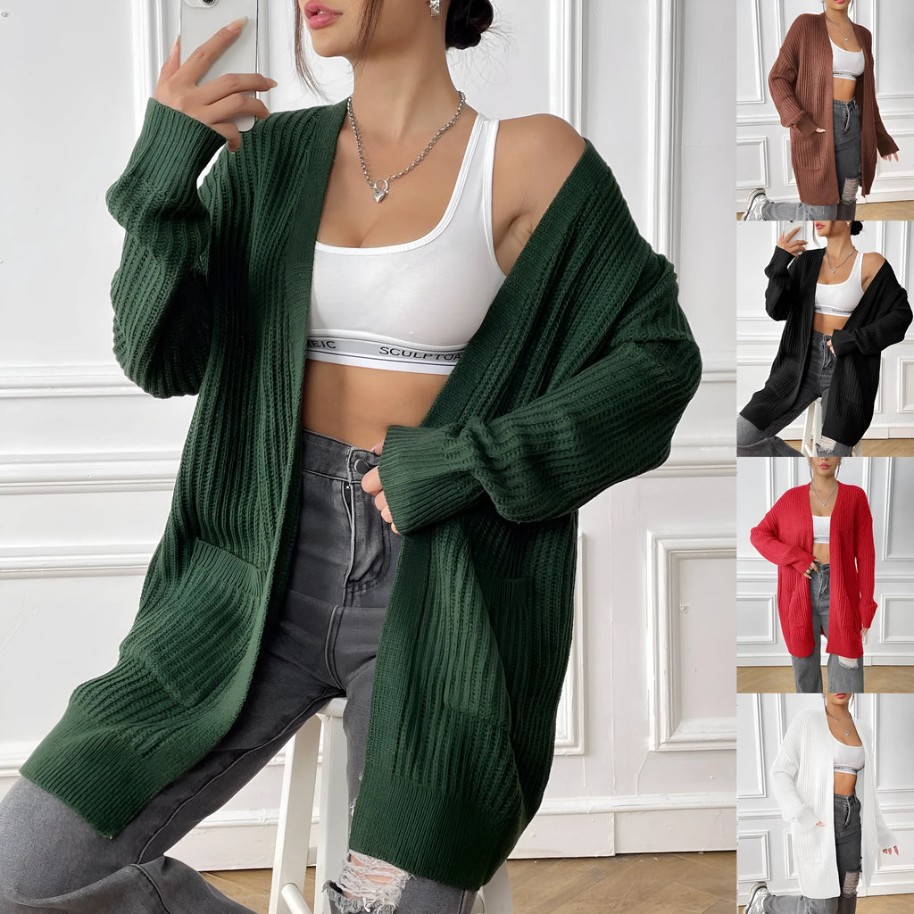 Women's mid-length loose fit cardigan with double pockets in dark green colour