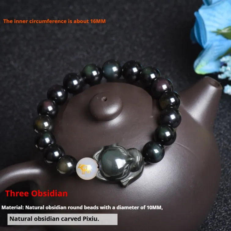 Natural obsidian stone bracelet with 10mm beads shown in gold, silver, and plain black style variations.