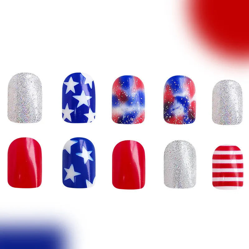Independence Day wear nail set with five-pointed star designs in patriotic red, white, and blue colours