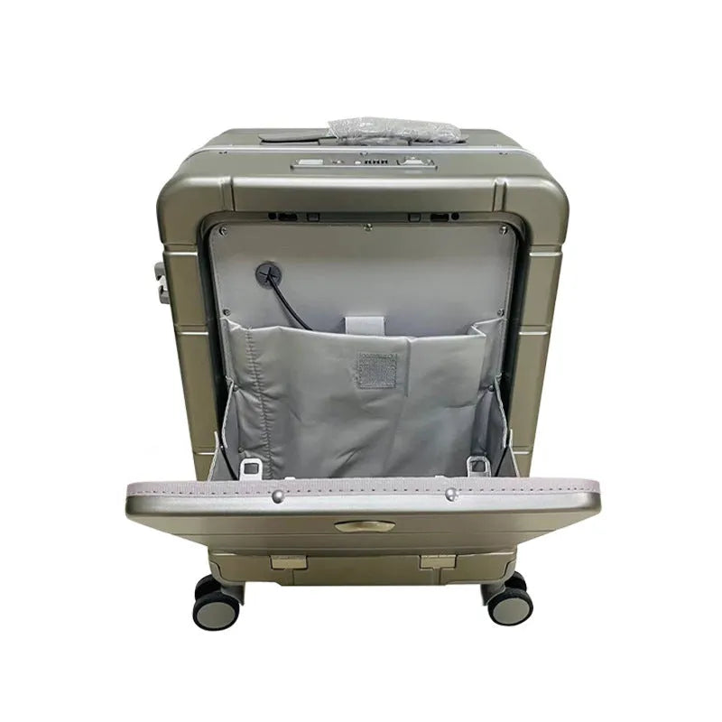 Front opening 20-inch cabin suitcase in titanium silver colour showing separate compartment and universal wheels