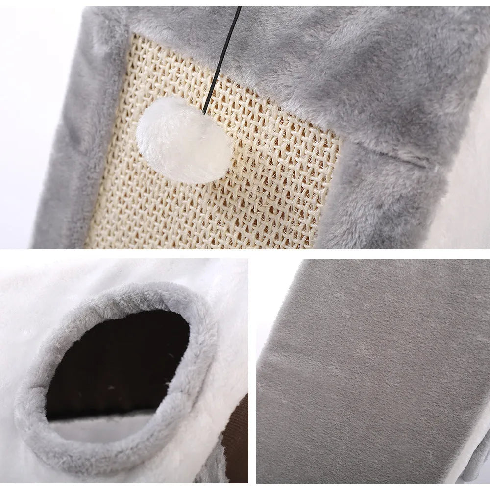 Triangle-shaped cat bed with sisal scratching corners in grey and white colour combination