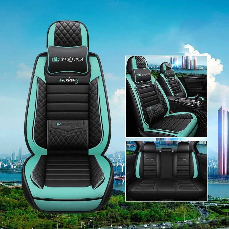 Leather car seat cushion with high elastic sponge filling in red, green, or brown colours.