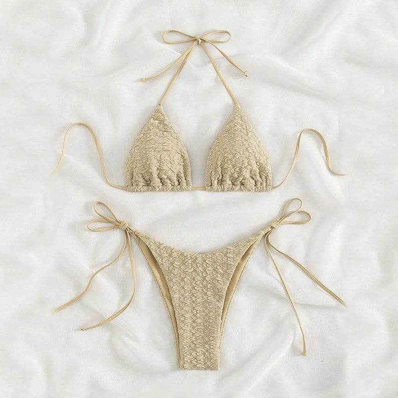 Women's high waist bikini swimsuit with lace-up sides in khaki colour