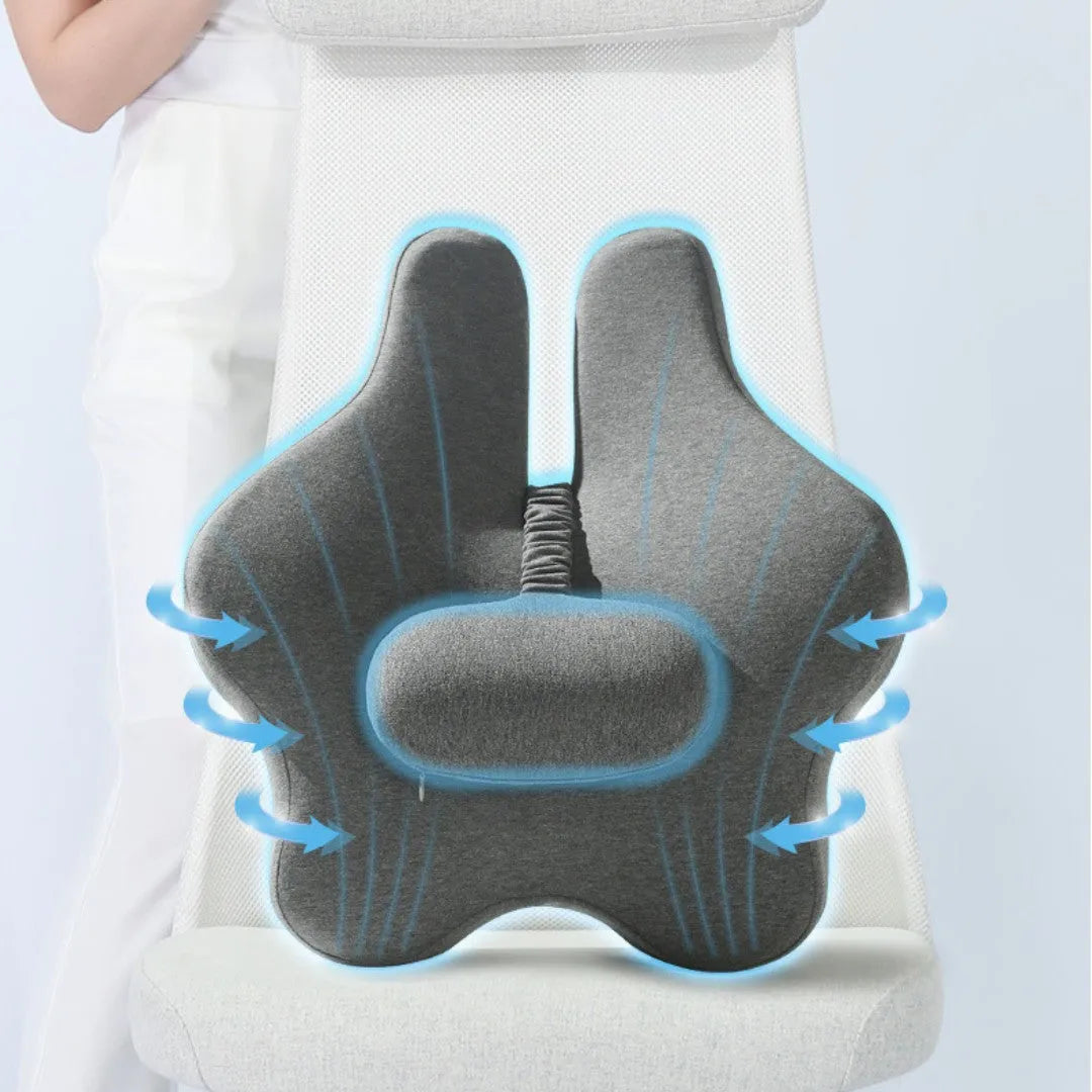 Memory foam car lumbar support cushion in solid colours showing 50x47x9cm dimensions