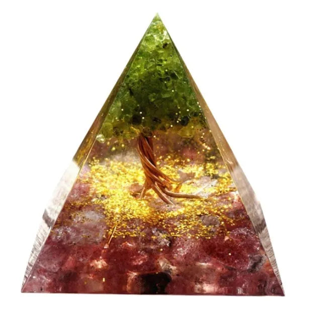 Clear epoxy resin pyramid ornament with embedded coloured crystal gravel inside, measuring 6cm.