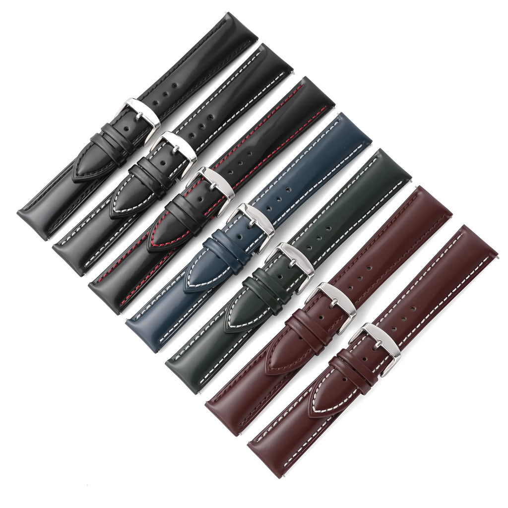 Quick release cowhide leather watch strap in multiple colours and widths with polished buckle