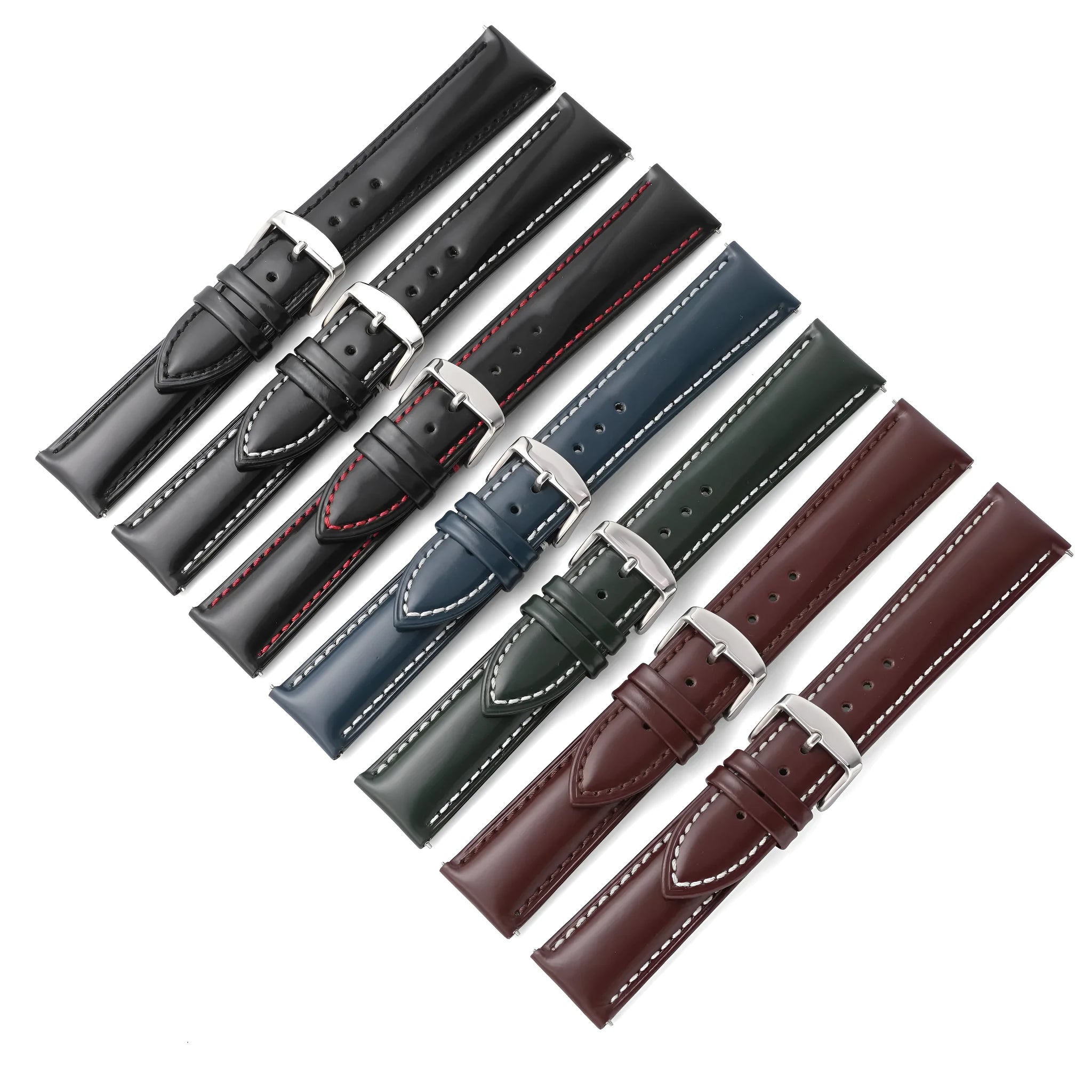 Quick release cowhide leather watch strap in multiple colours and widths with polished buckle