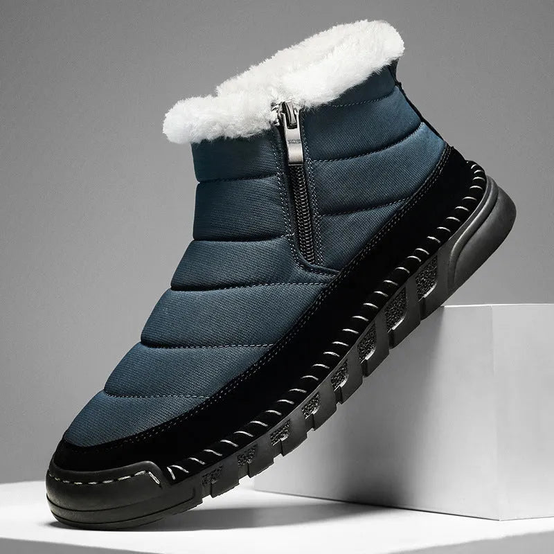 Men's plus size snow boot in black with round toe, flat heel, and non-slip rubber sole.