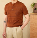 Knitted Henley shirt American retro slim-fit short sleeve in denim blue cotton lyocell blend
