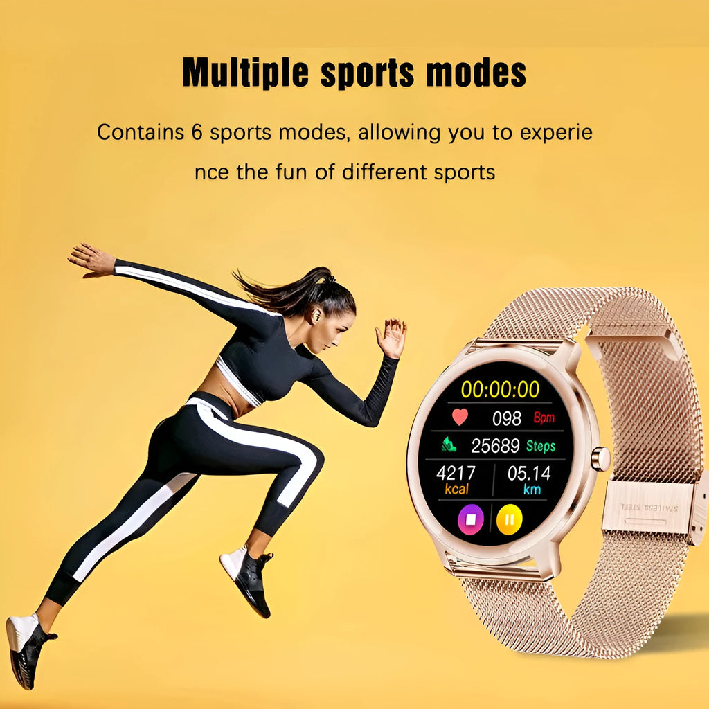 Women's waterproof smart watch with 1.3 inch touchscreen and stainless steel mesh band in rose colour