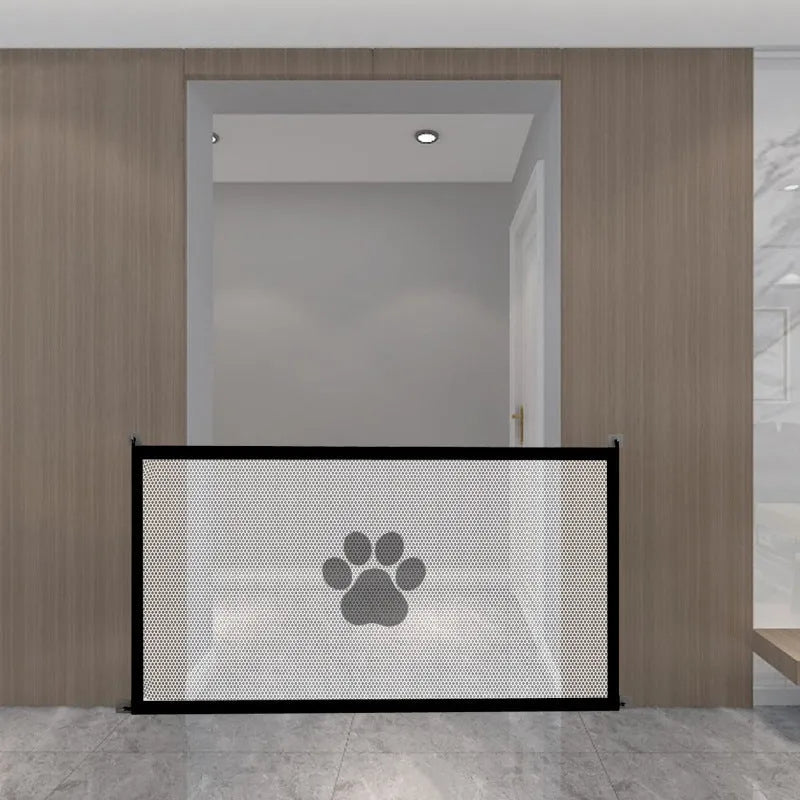 Portable folding dog barrier net with plastic support rods showing dog footprint pattern on doorsill
