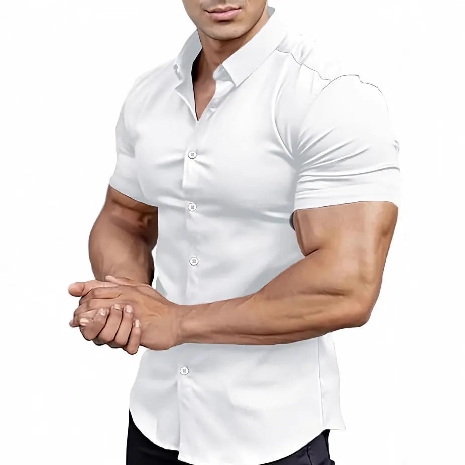 Men's short sleeve printed casual shirt in polyester, shown in multiple colour options.