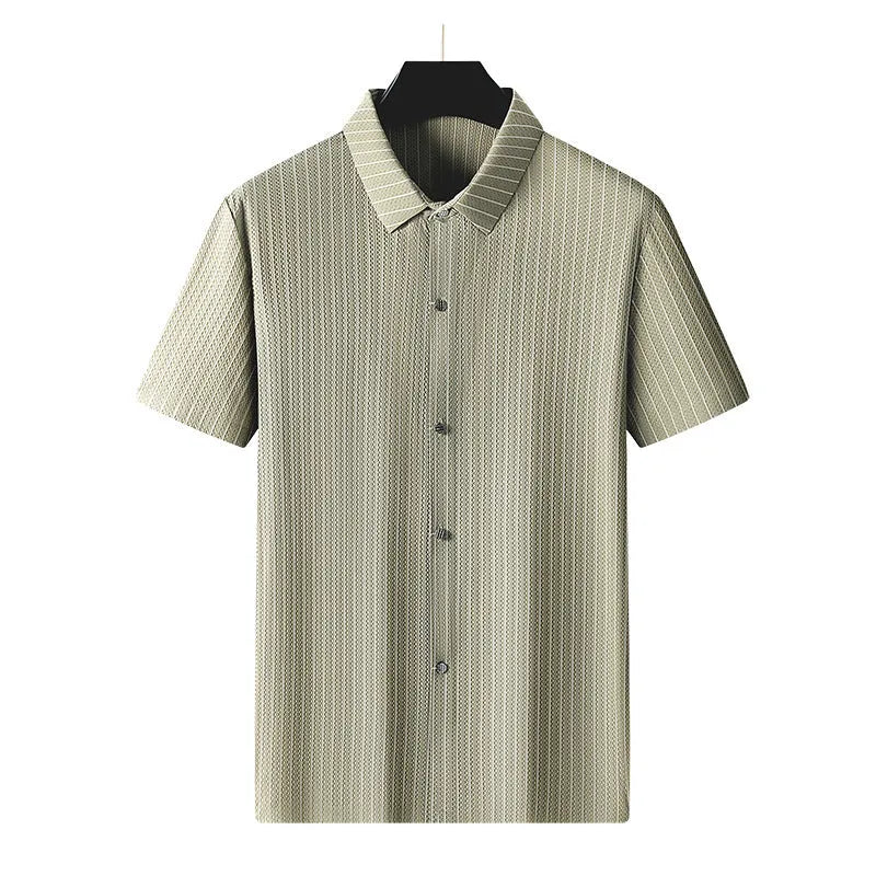 Men's plus size striped ice silk shirt with square collar in loose fit casual style