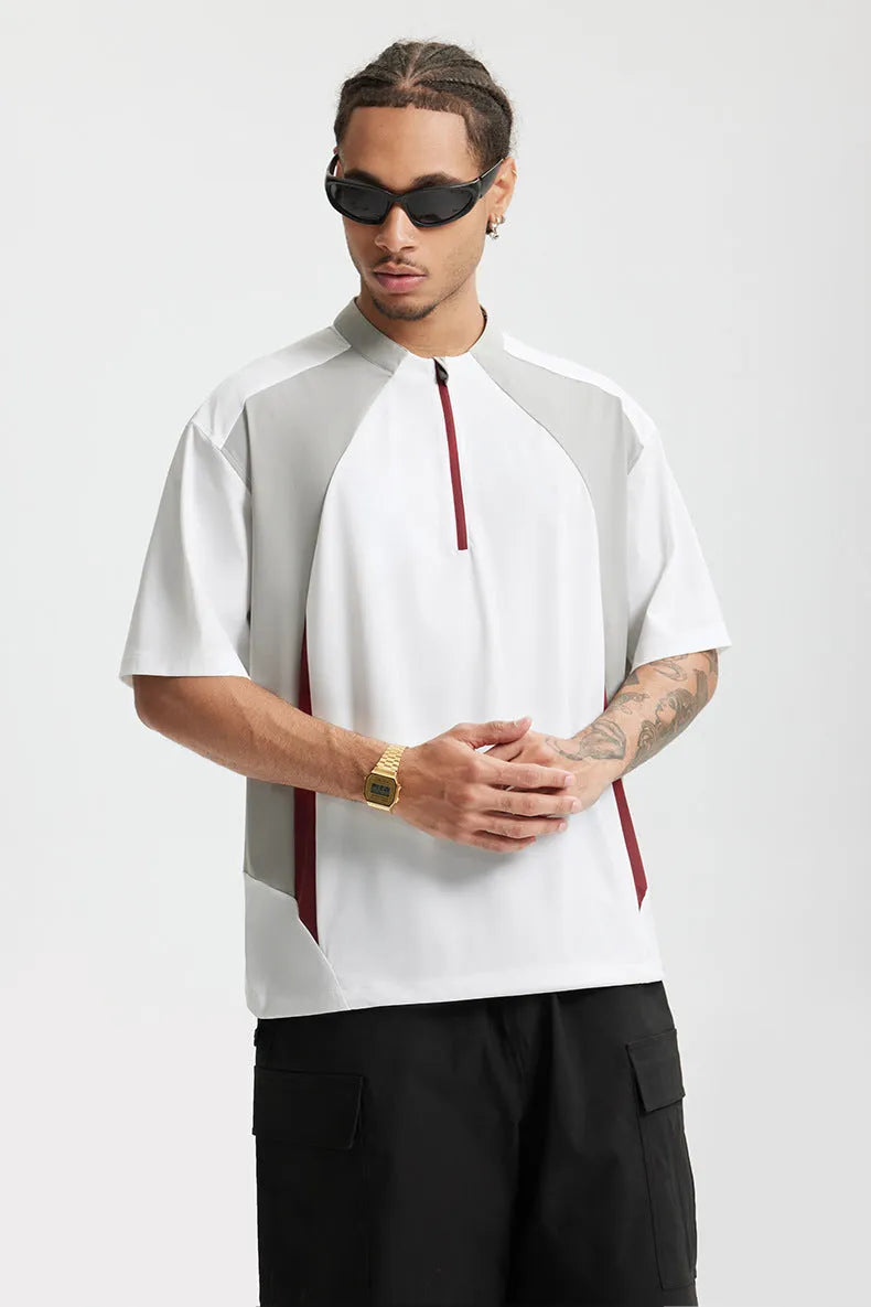 Men's solid colour polyester top with stitching detail, shown in black and beige, long sleeve and short sleeve versions.