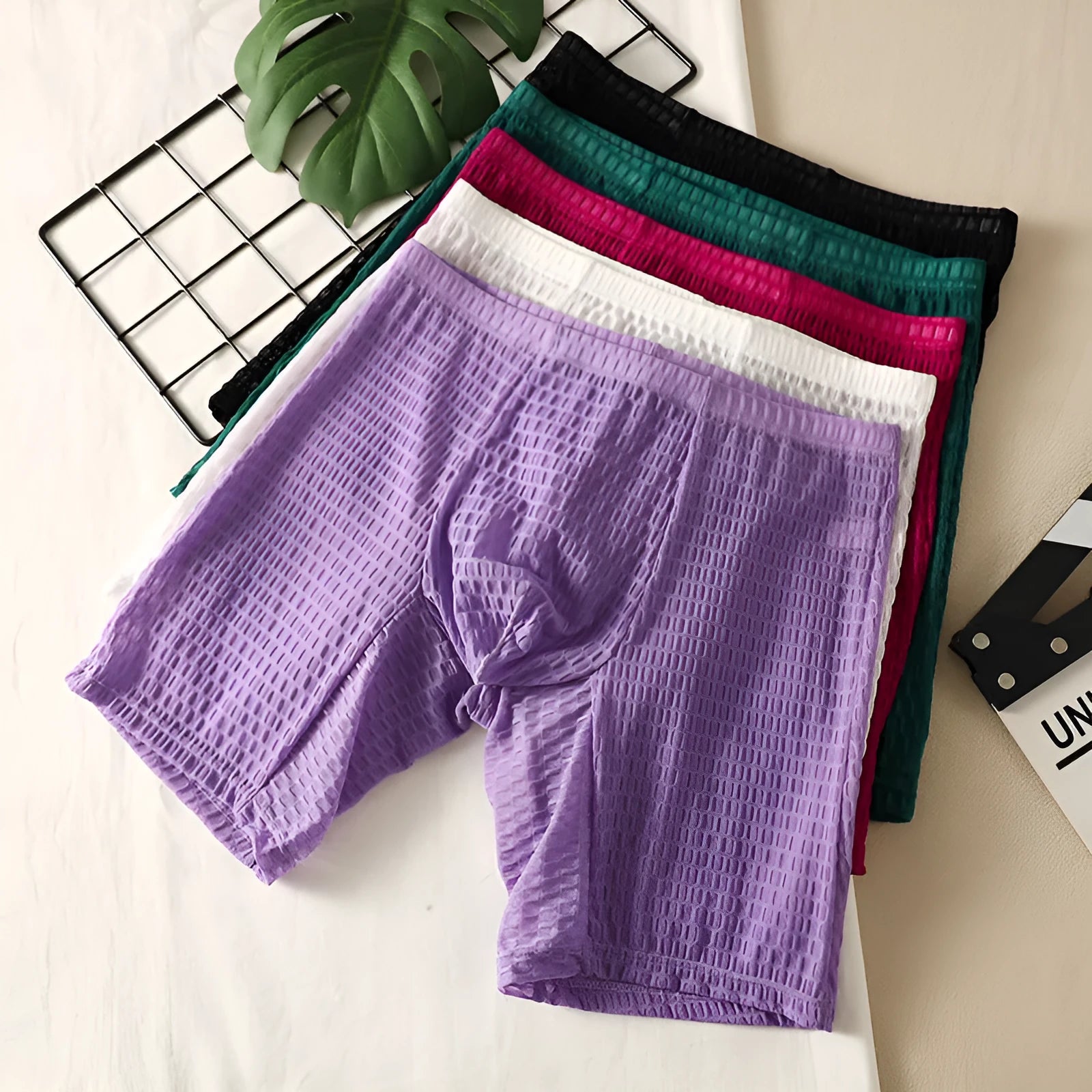 Men's lace fabric shaping boxer shorts with lengthened hip design in multiple colours