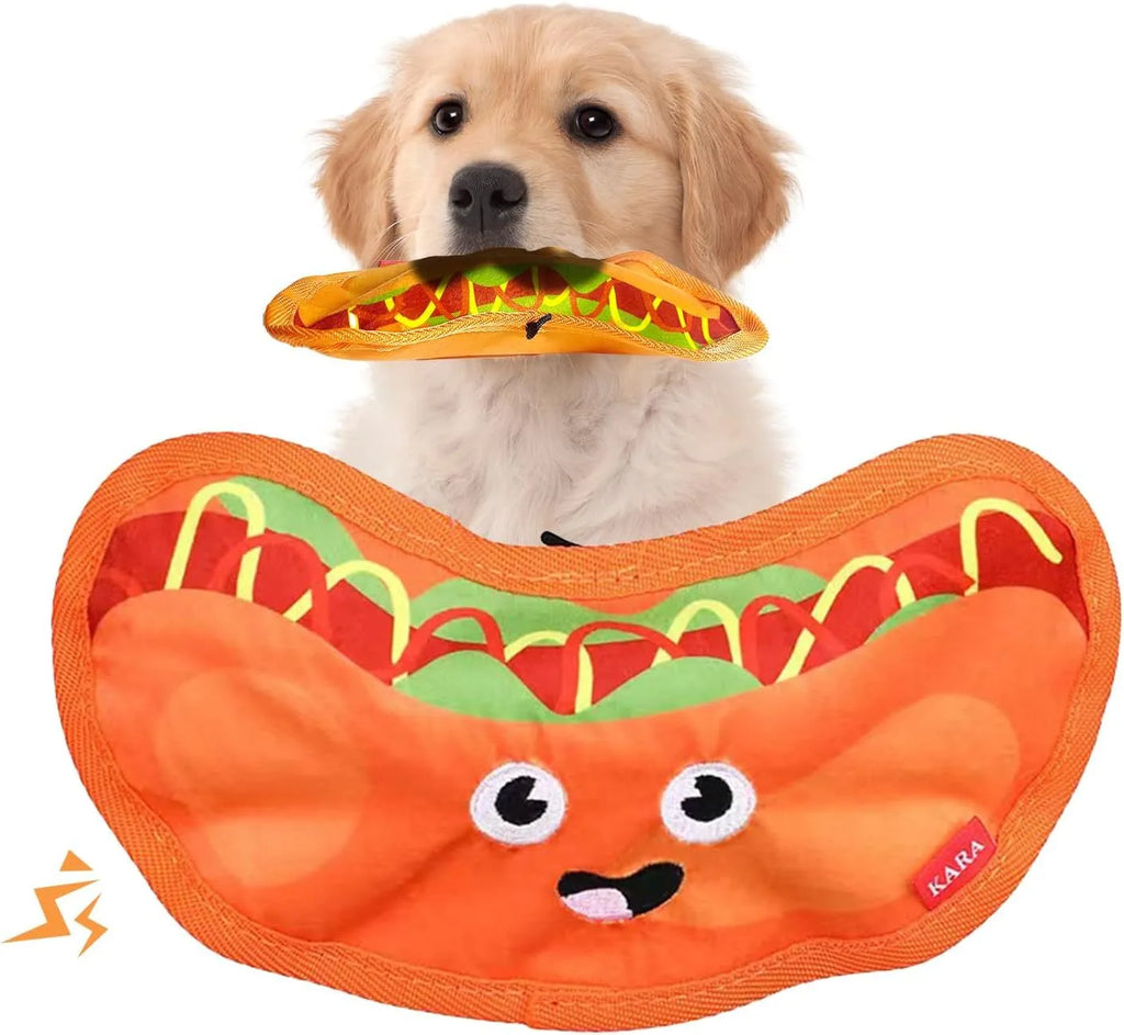 Crinkle and squeaky dog toys in hamburger, fries, hot dog and pizza designs without stuffing