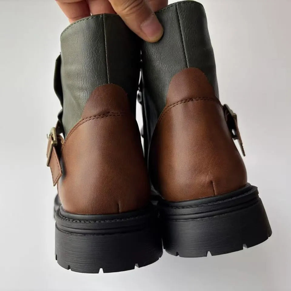 Large size square heel high-top men's boots in brown colour with stitching and low tube design
