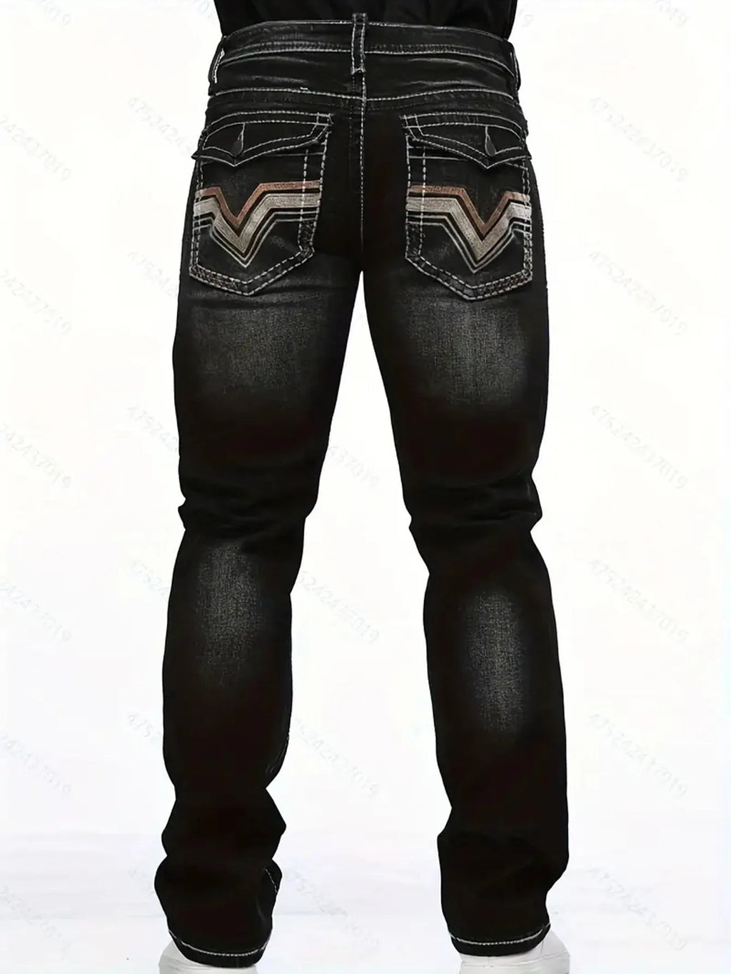 Black stretch slim fit straight leg men's trousers on hanger
