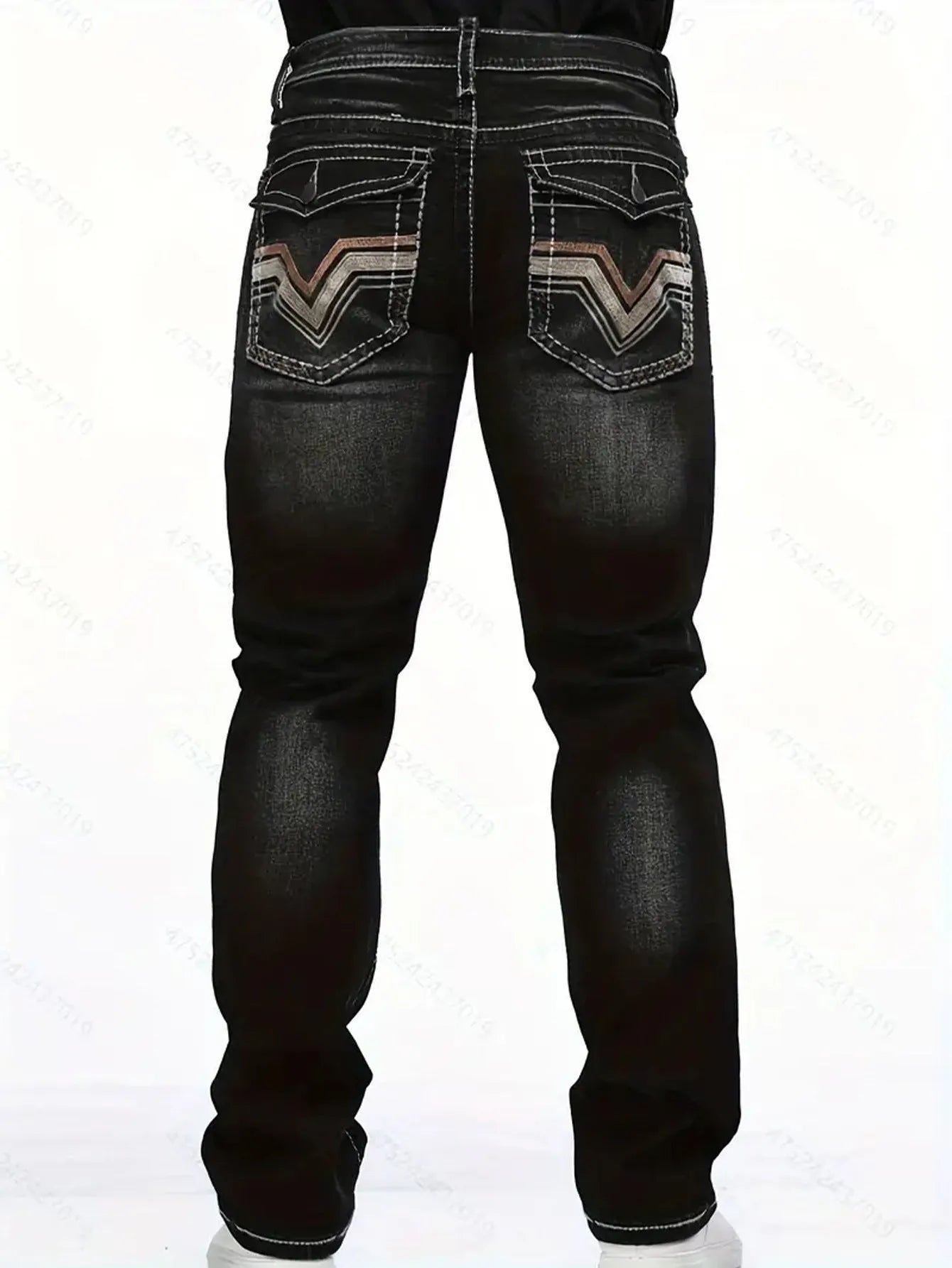 Black stretch slim fit straight leg men's trousers on hanger