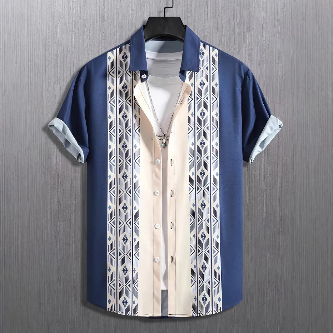 Men's loose fit plaid short-sleeve shirt with cardigan lapel in stretch polyester fabric