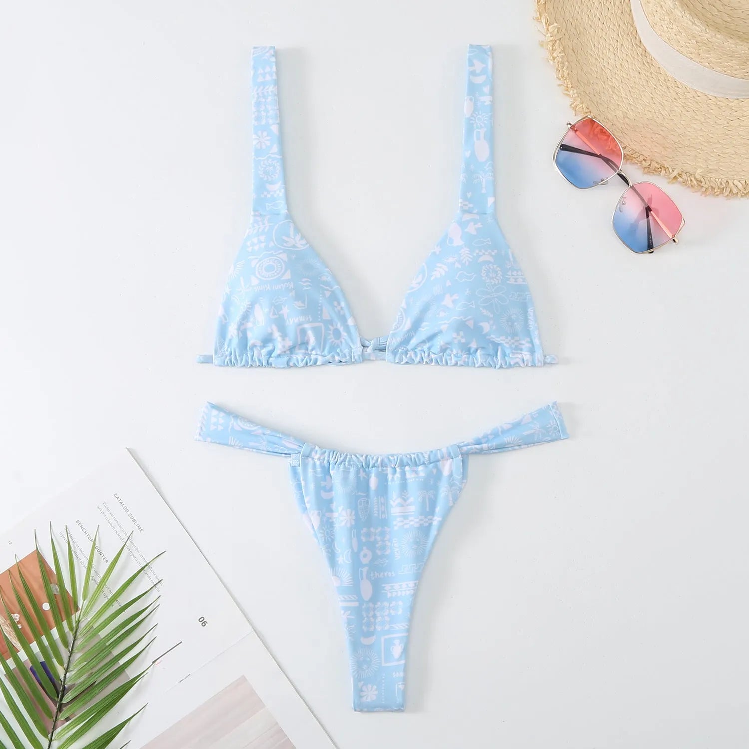 Women's floral print polyester bikini swimsuit in blue colour