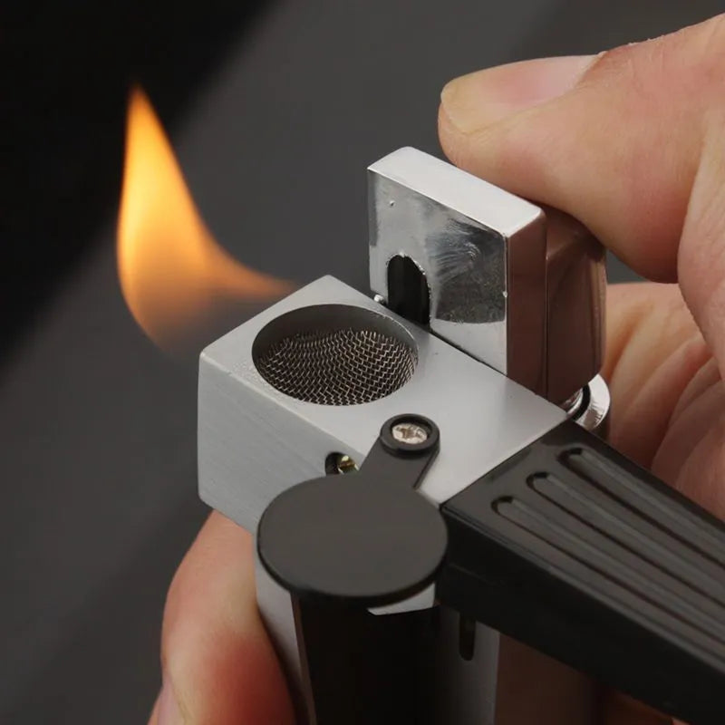 Silver foldable metal pipe lighter shown open, revealing the lighter mechanism and a small stash compartment.