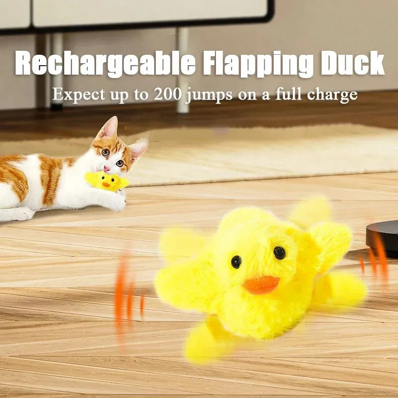 Yellow flapping duck cat toy with USB charging cable and removable plush cover