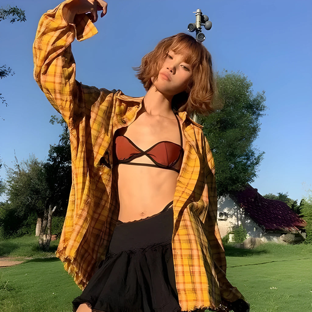 Dopamine yellow plaid shirt in loose fit cardigan style with polyester blend fabric