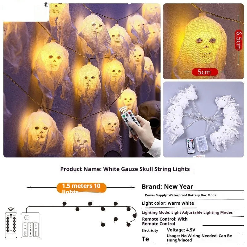 Battery-powered Halloween coloured LED string lights with plastic shell for indoor wall decoration.