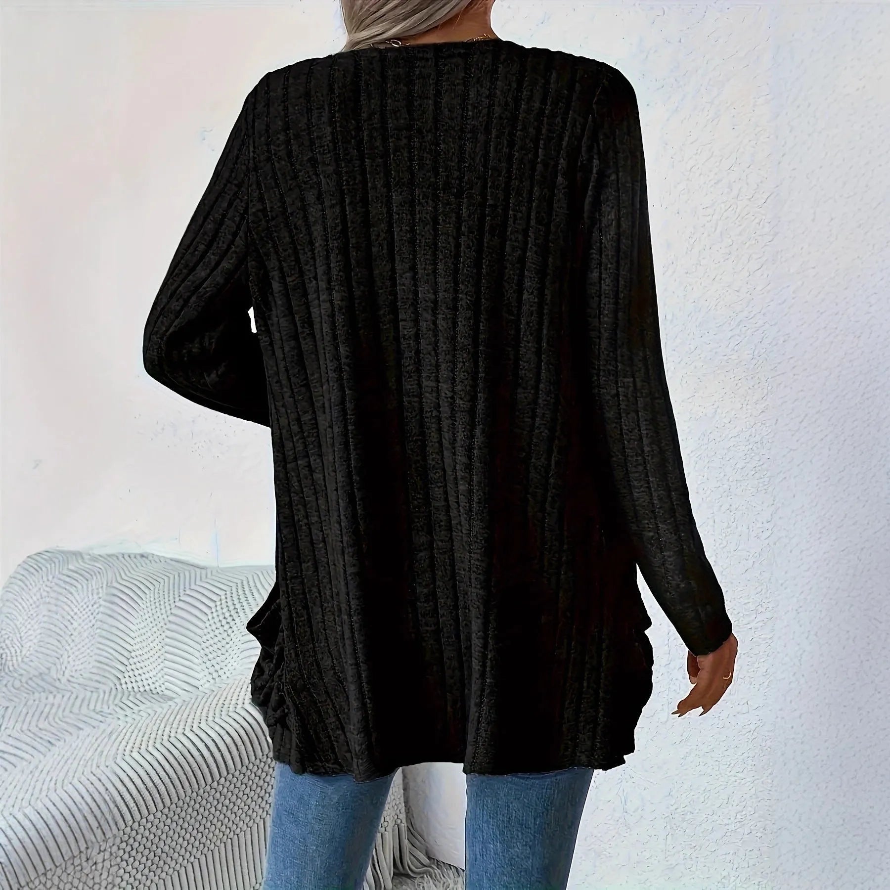 Solid colour long sleeve cardigan with pockets in loose fit design available in black and granny grey