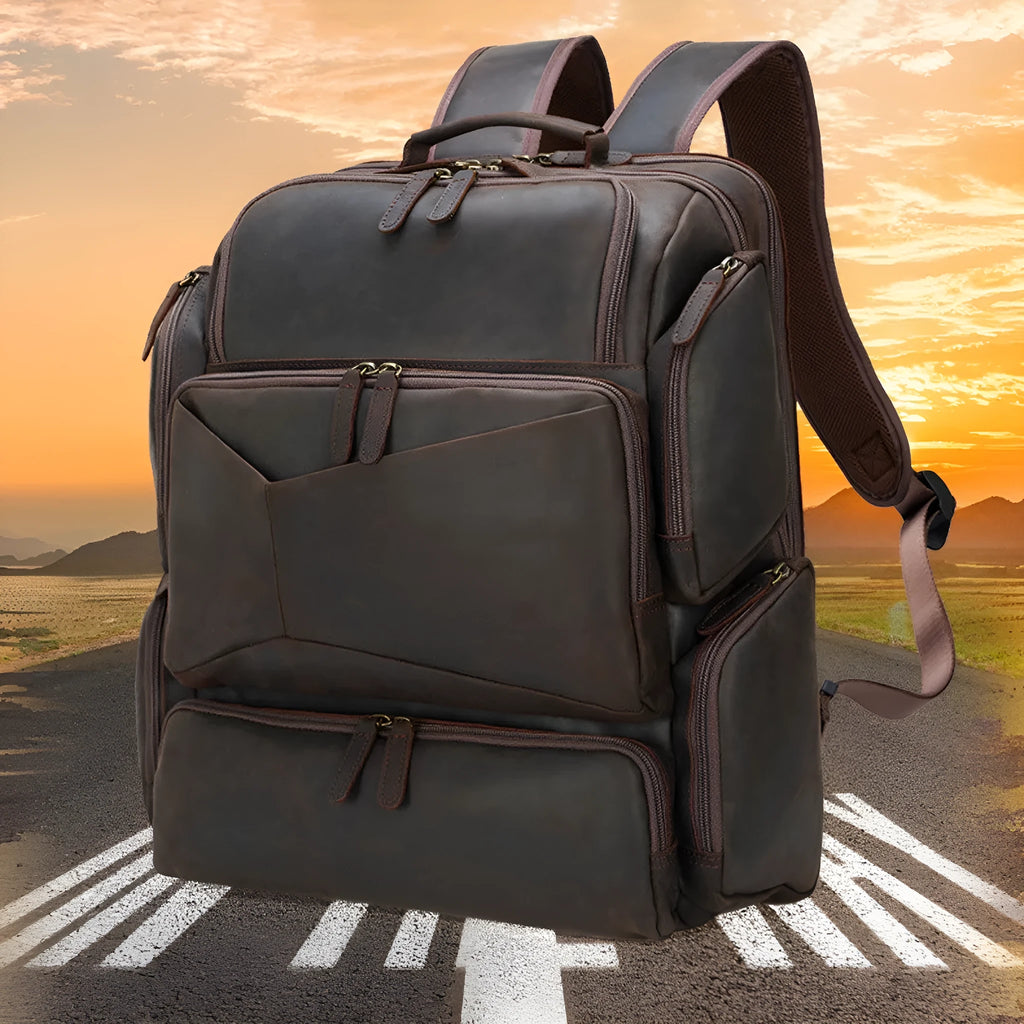 Dark brown men's genuine leather backpack for a 17-inch computer with retro crazy horse texture.