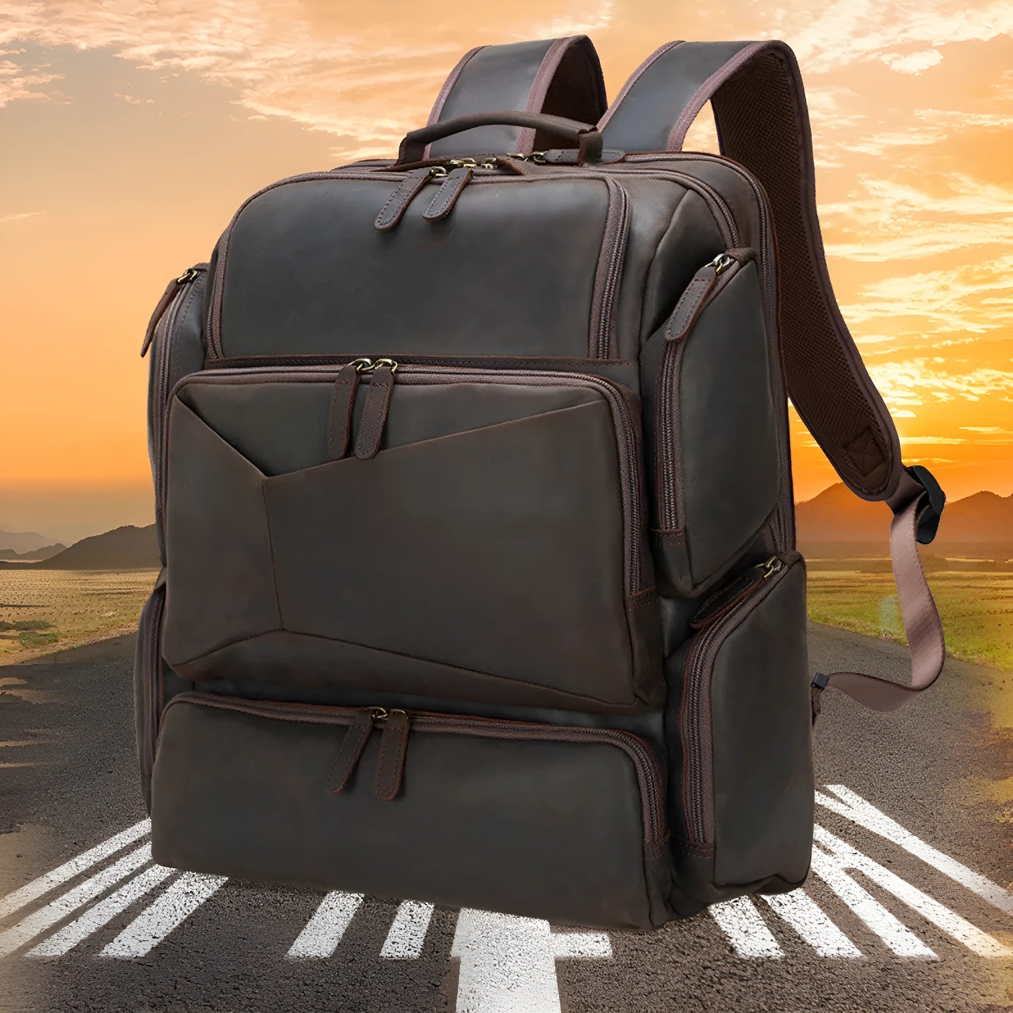 Dark brown men's genuine leather backpack for a 17-inch computer with retro crazy horse texture.