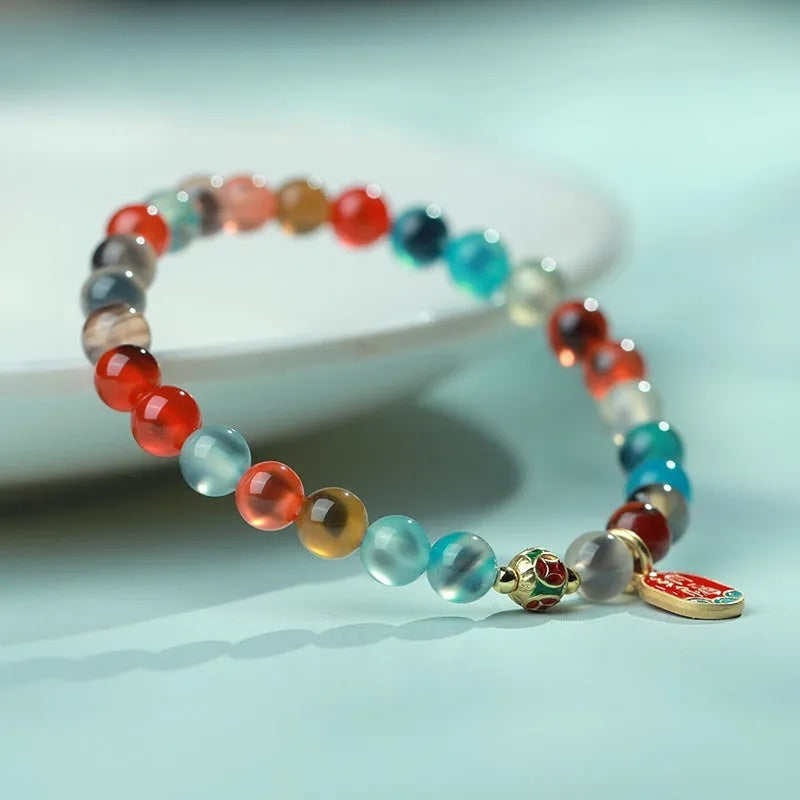 Natural colourful sugar heart agate and coloured glaze copper coin snake bracelet for women