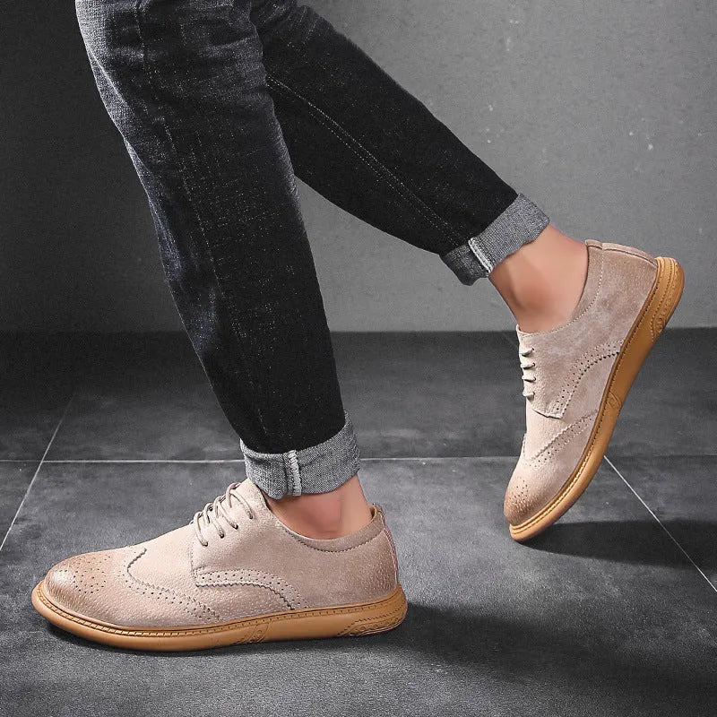 Men's grey genuine leather low-top business shoes with lace-up design and rubber soles