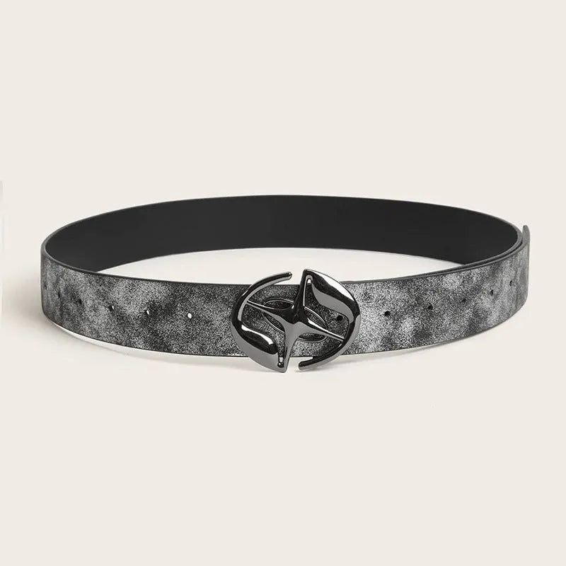 Retro thick women's PU leather belt with oval alloy buckle in earth style grey white colour