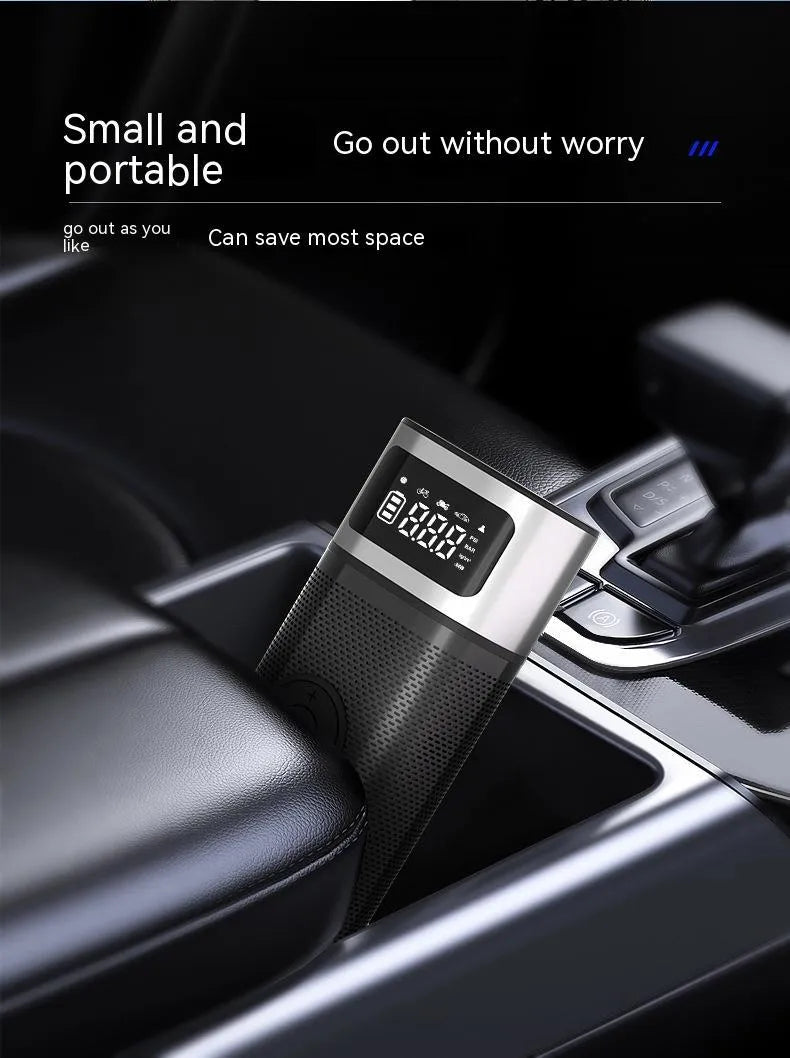 Black portable wireless smart air pump with USB Type-C charging cable, 15cm tube, and multiple inflation nozzles.