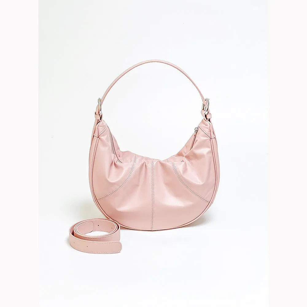 Women's soft cowhide leather shoulder bag in dumpling shape with sandwich pockets and double straps
