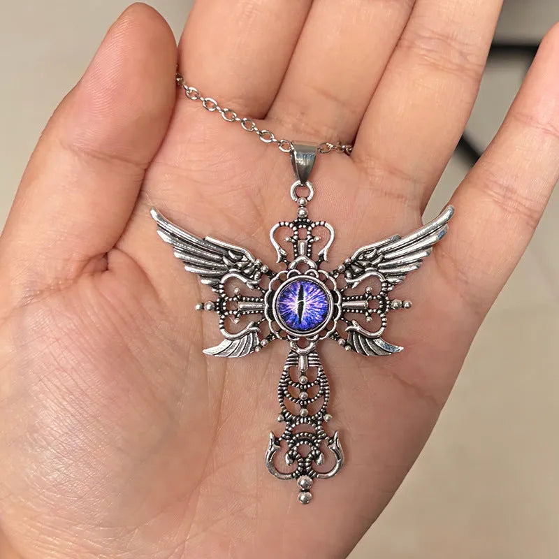 Geometric devil wings cross pendant necklace in alloy with five colour options