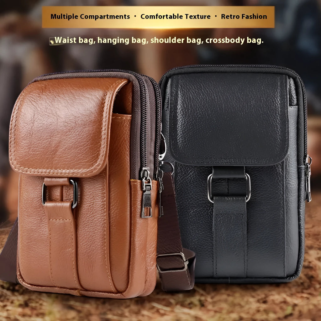Men's black genuine leather waist crossbody bag with lock closure and vertical square design