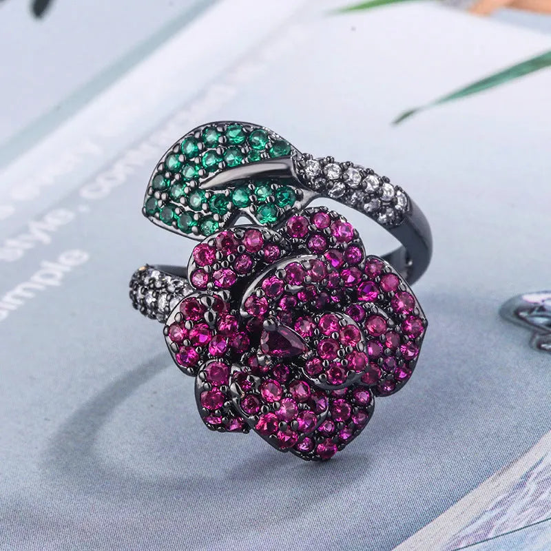 Black gold geometric women's ring with simulated red corundum stone